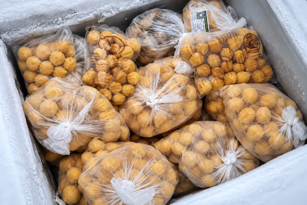 Embalagens de salgados congelados organizadas no freezer
