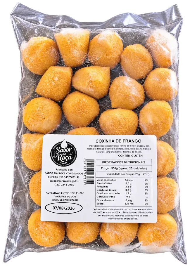 Pacote de coxinhas de frango congeladas da Salgados Sabor da Roça