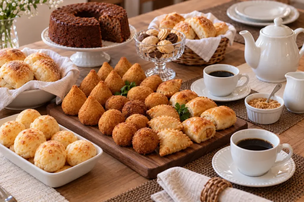 Mesa de café da tarde com salgados variados, bolo, pães e café