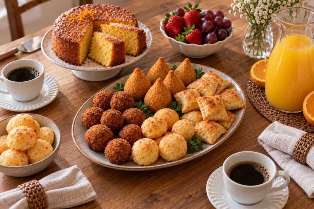 Mesa de café da tarde com salgados, bolo, frutas, suco e café