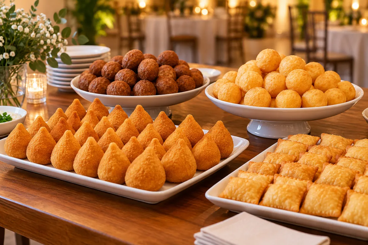 Mesa com salgados variados para diferentes tipos de evento