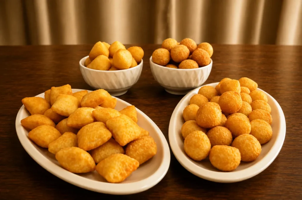 Diferentes sabores de salgados organizados para um evento
