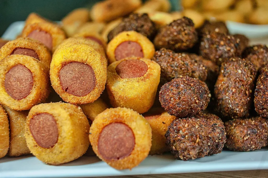 Travessas organizadas com diferentes sabores de salgados