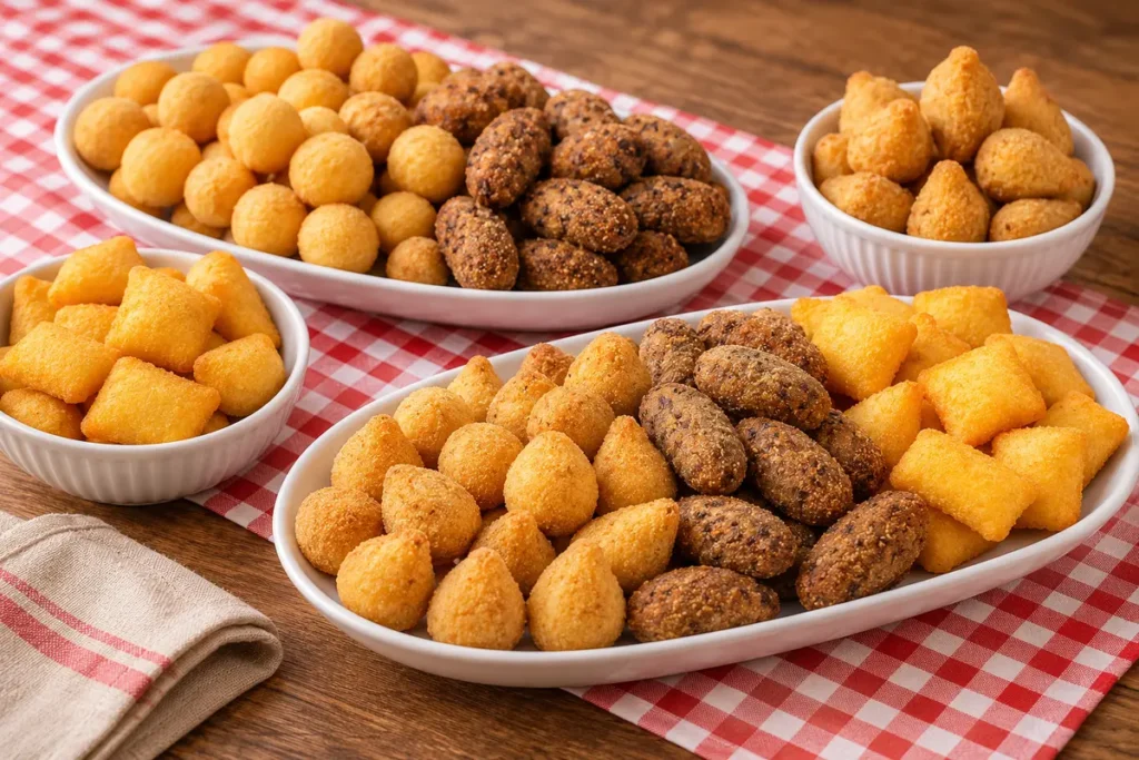 Travessas com salgados sortidos para kit festa