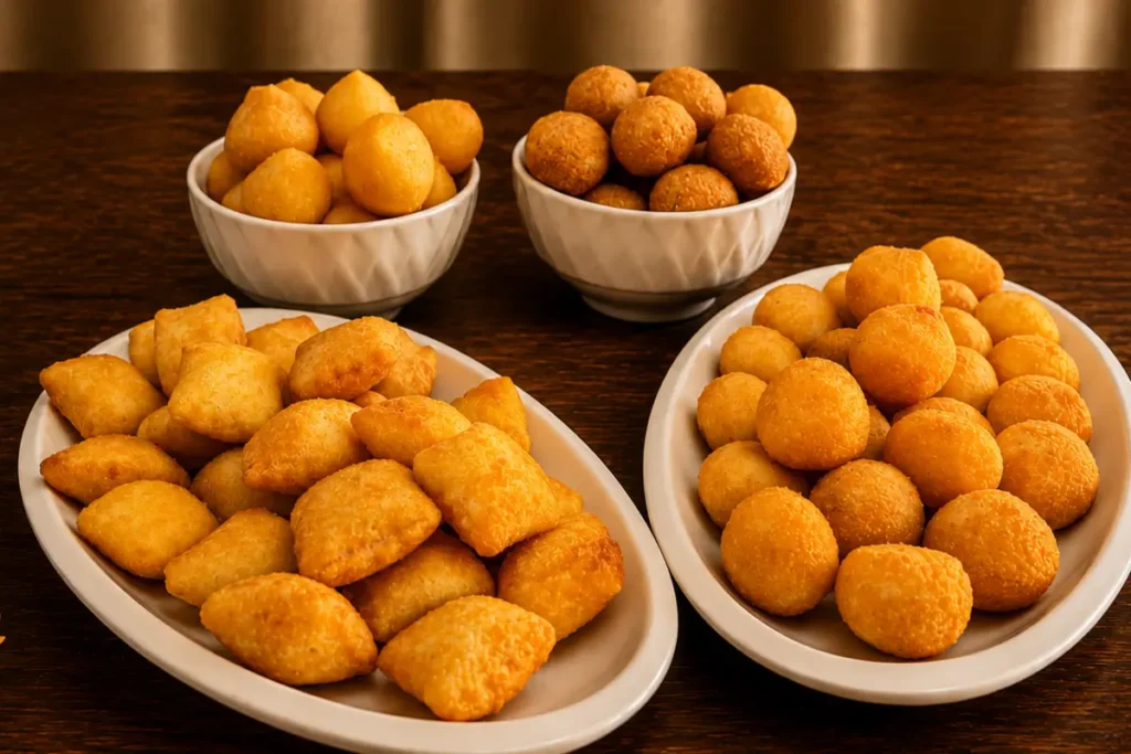 Bandejas com diferentes sabores de salgados para casamento